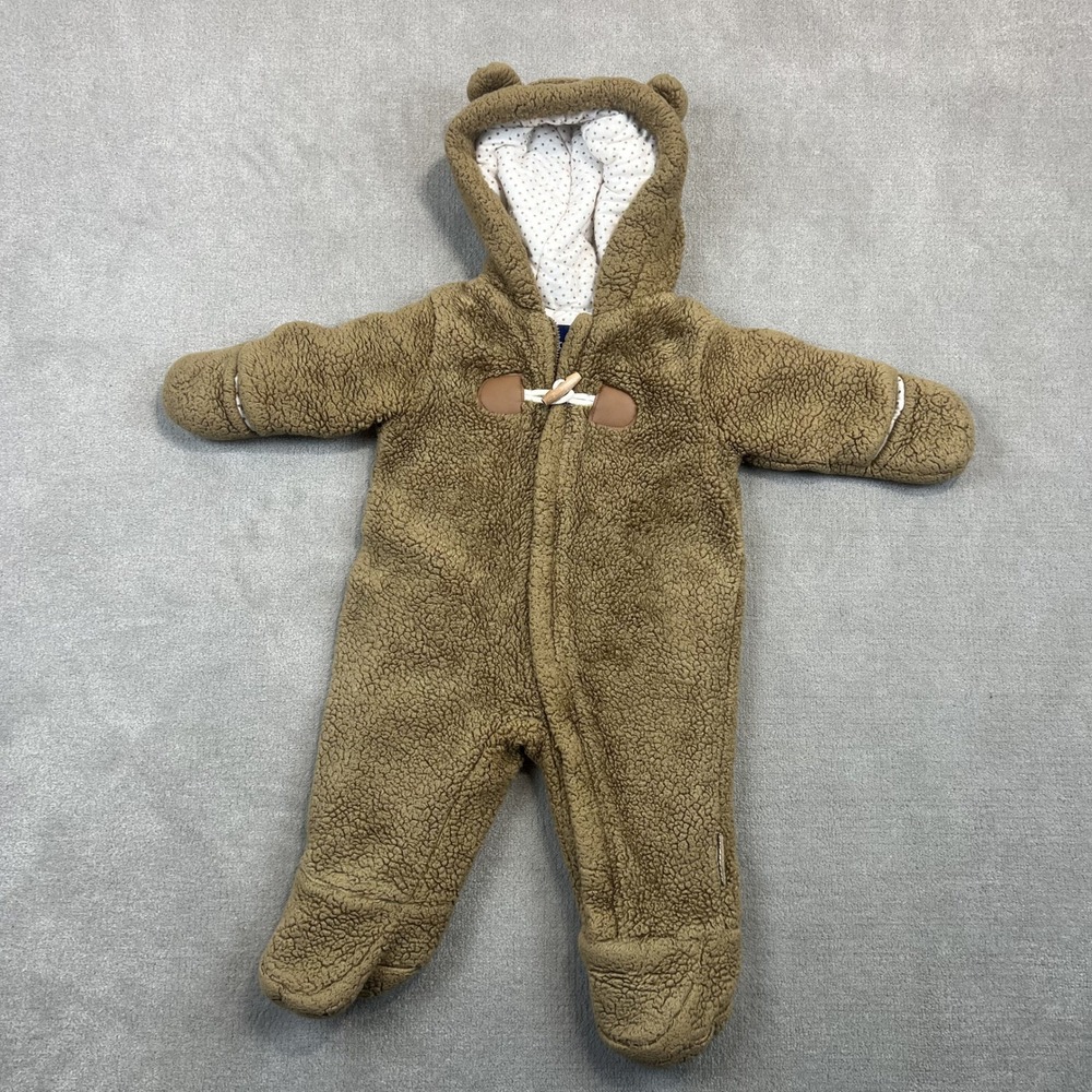 Wippette Sherpa Fleece Pram Suit Baby 6/9M Brown Hooded Bear Bunting Snowsuit